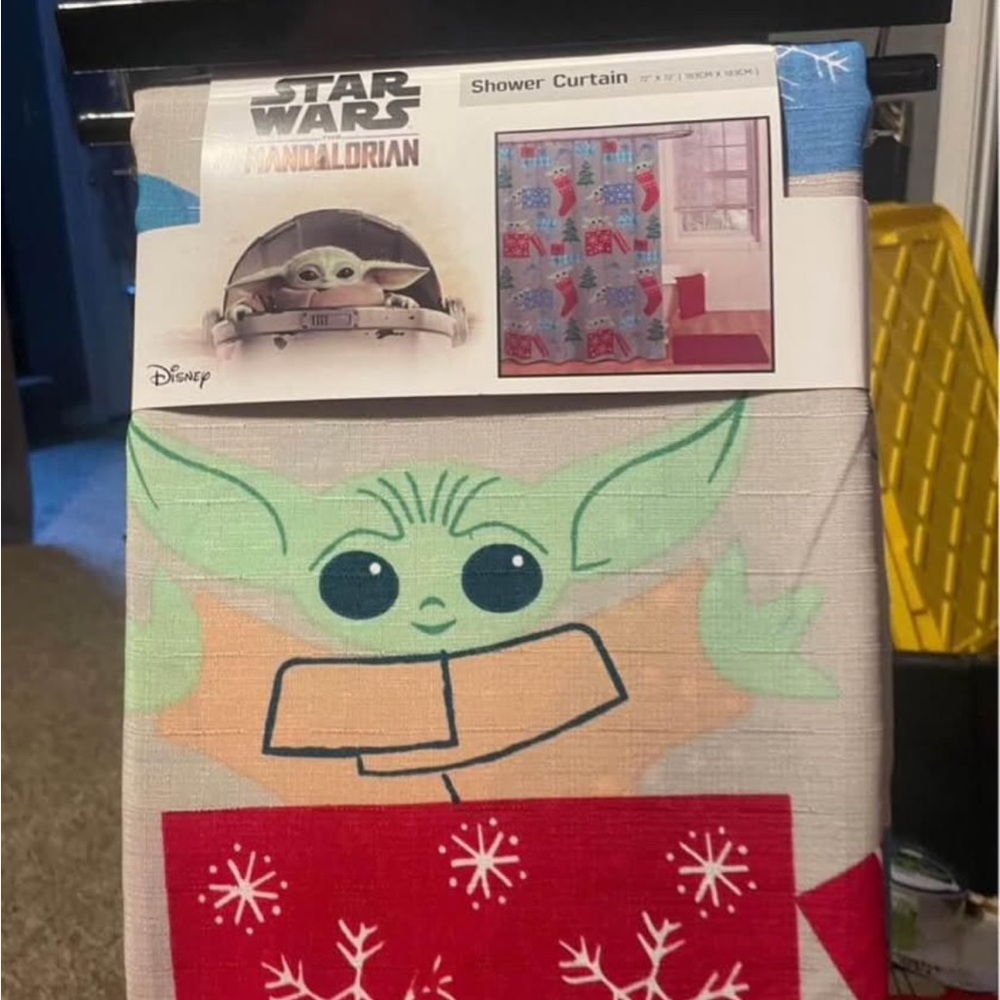 Disney Star Wars Mandalorian Shower Curtain with Red and Green Design